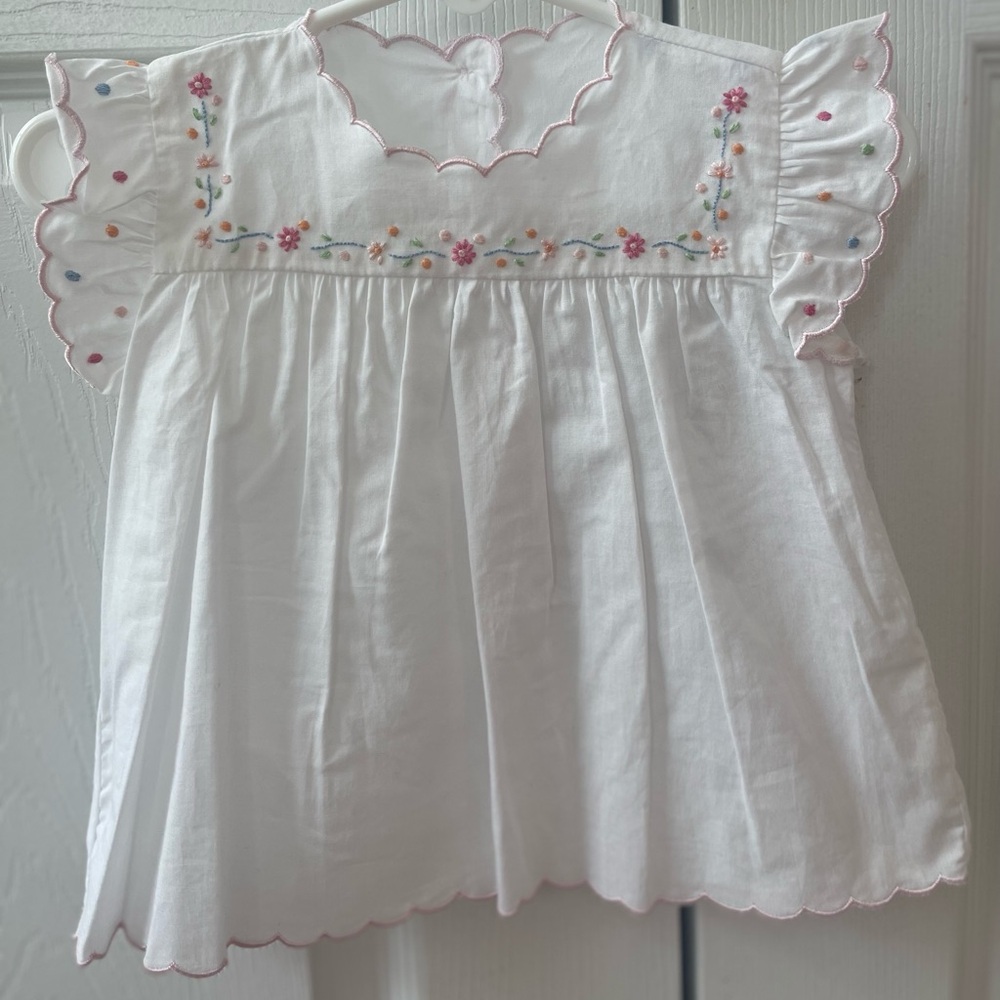 Little English White and Pink Embroidered Blouse with Ruffled Sleeves